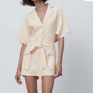 Cream Short Sleeve Tie-Waist Romper